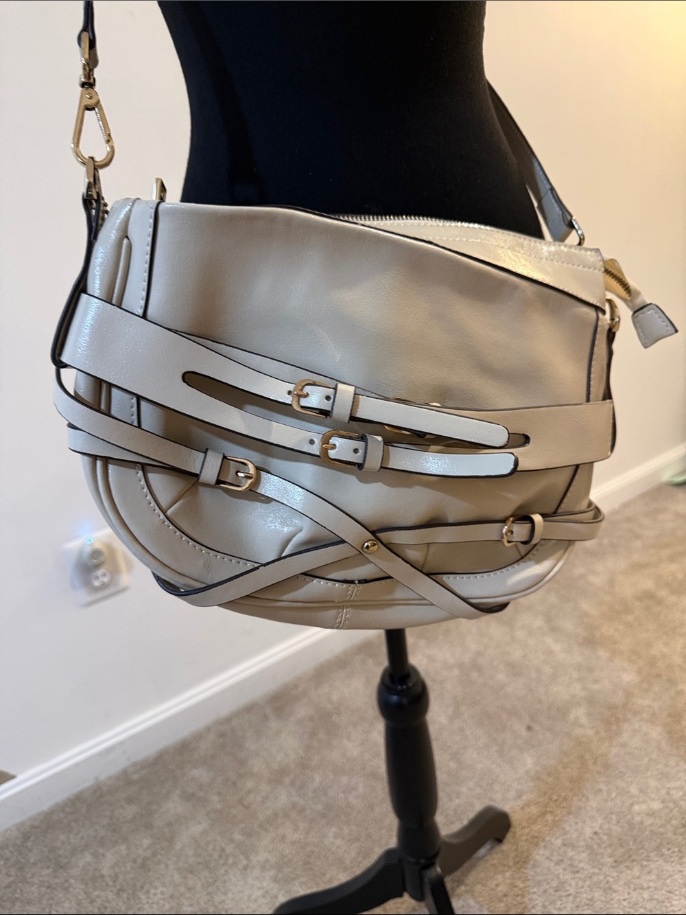 Neutral Beige Crossbody Saddle Bag with Decorative Buckle Straps